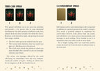 A printed card spread guide with two example layouts labeled 'THREE-CARD SPREAD' and 'COMPLEMENTARY SPREAD,' each showing small tarot card images, short instructions, and numbered callouts on a beige background.