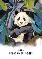 Panda bear surrounded by leaves with 'Focus on Self-Care' text
