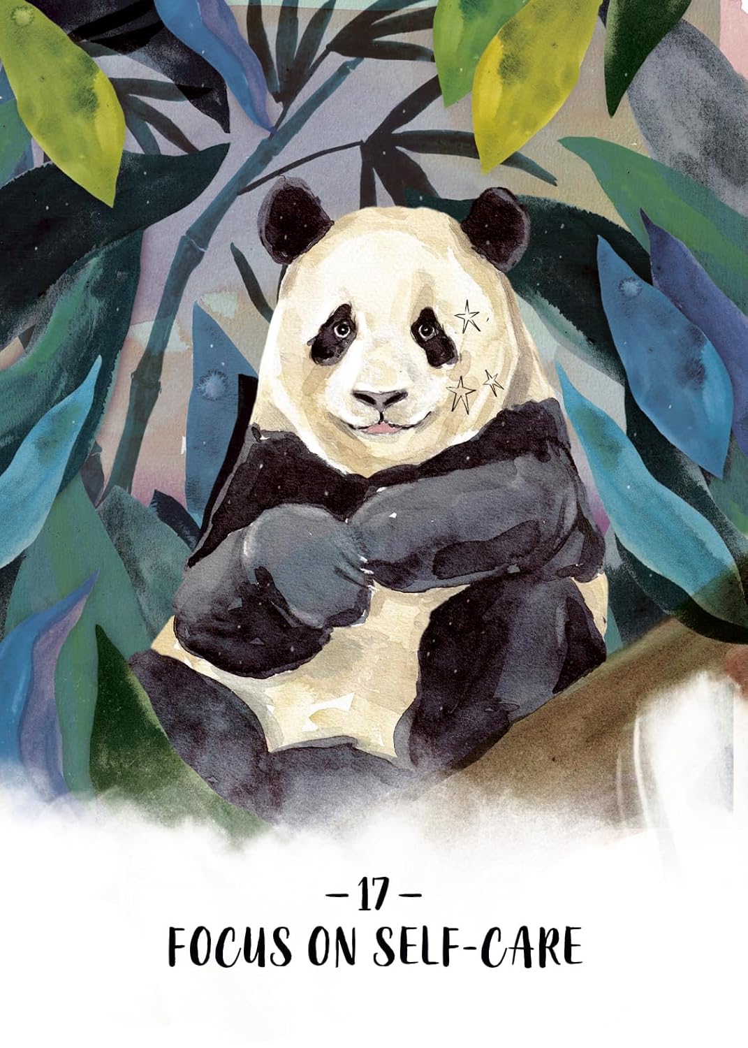 Panda bear surrounded by leaves with 'Focus on Self-Care' text