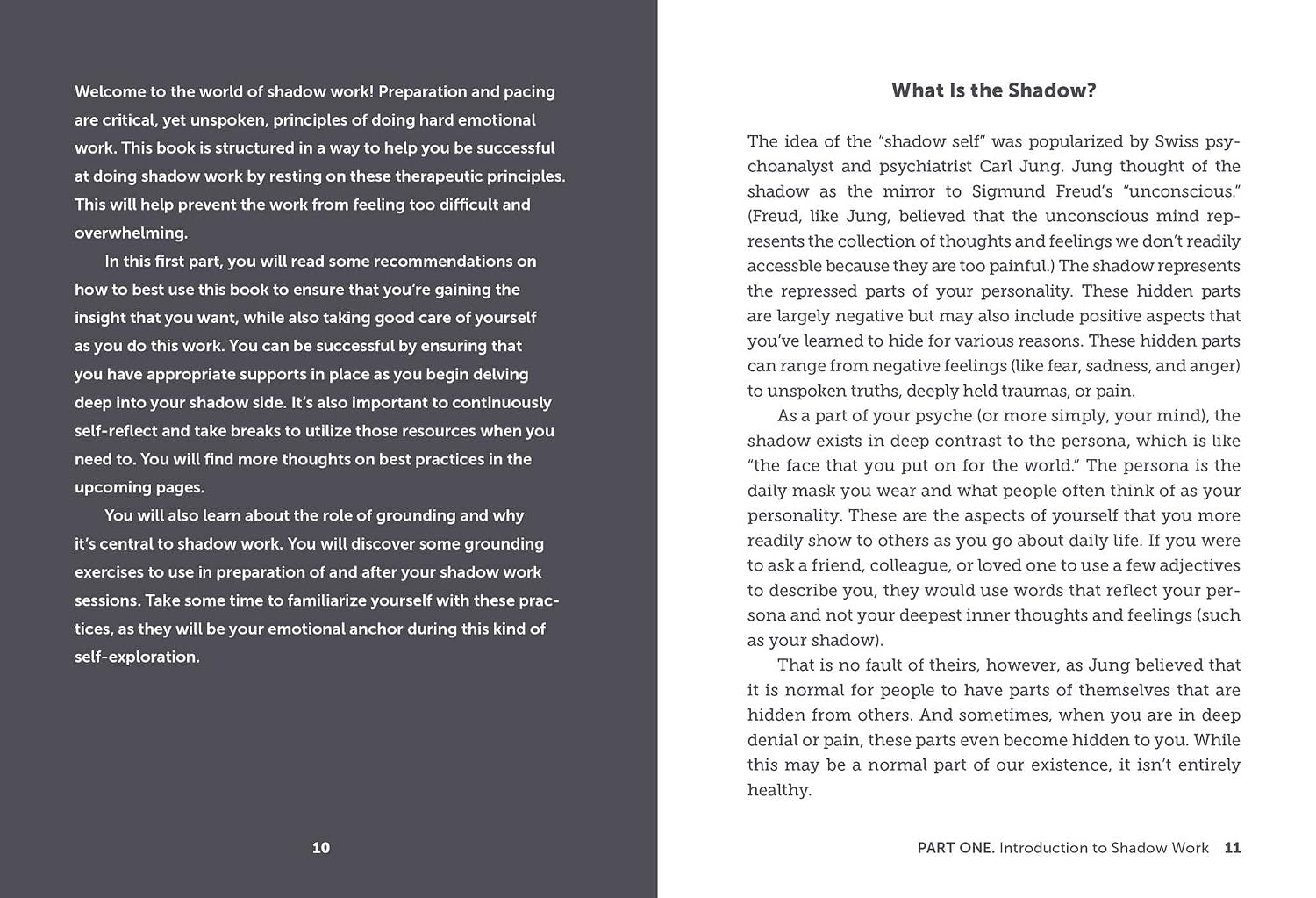 A printed book page with two columns of black text on a white background, headed 'The Shadow' and labeled 'PART ONE, Introduction to Shadow Work' with page numbers 10 and 11.