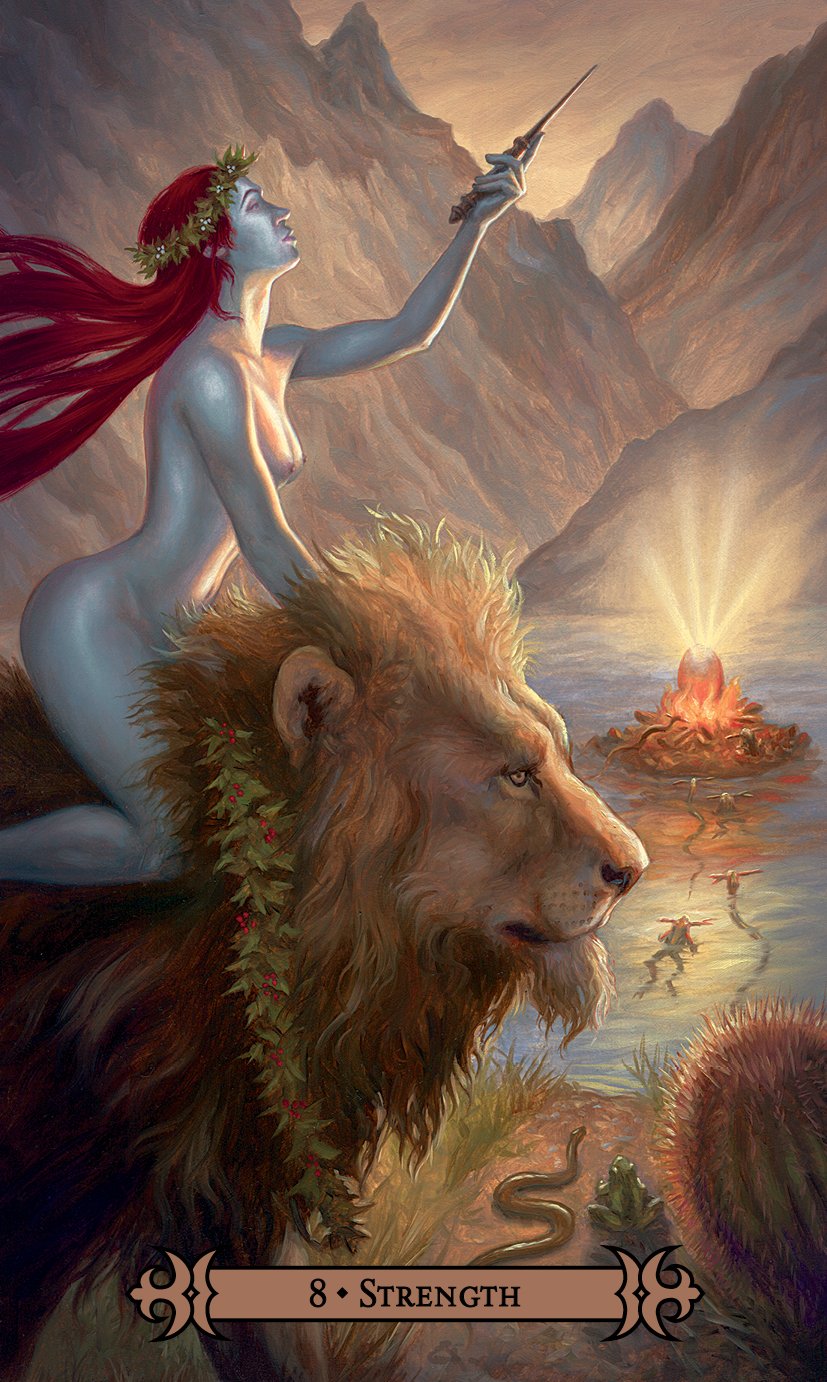 Card featuring a woman with red hair and a white body standing on a lion's back, with a mountain and campfire in the background.