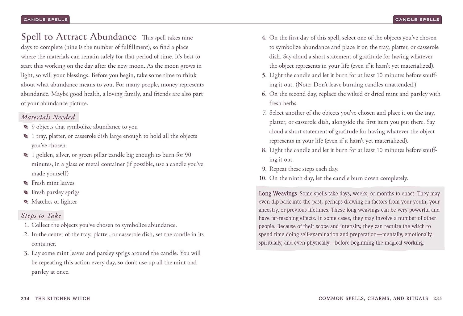 Page from a book titled 'The Kitchen Witch' with text on spells and rituals.
