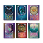 Set of six colorful tarot cards with intricate designs on a white background