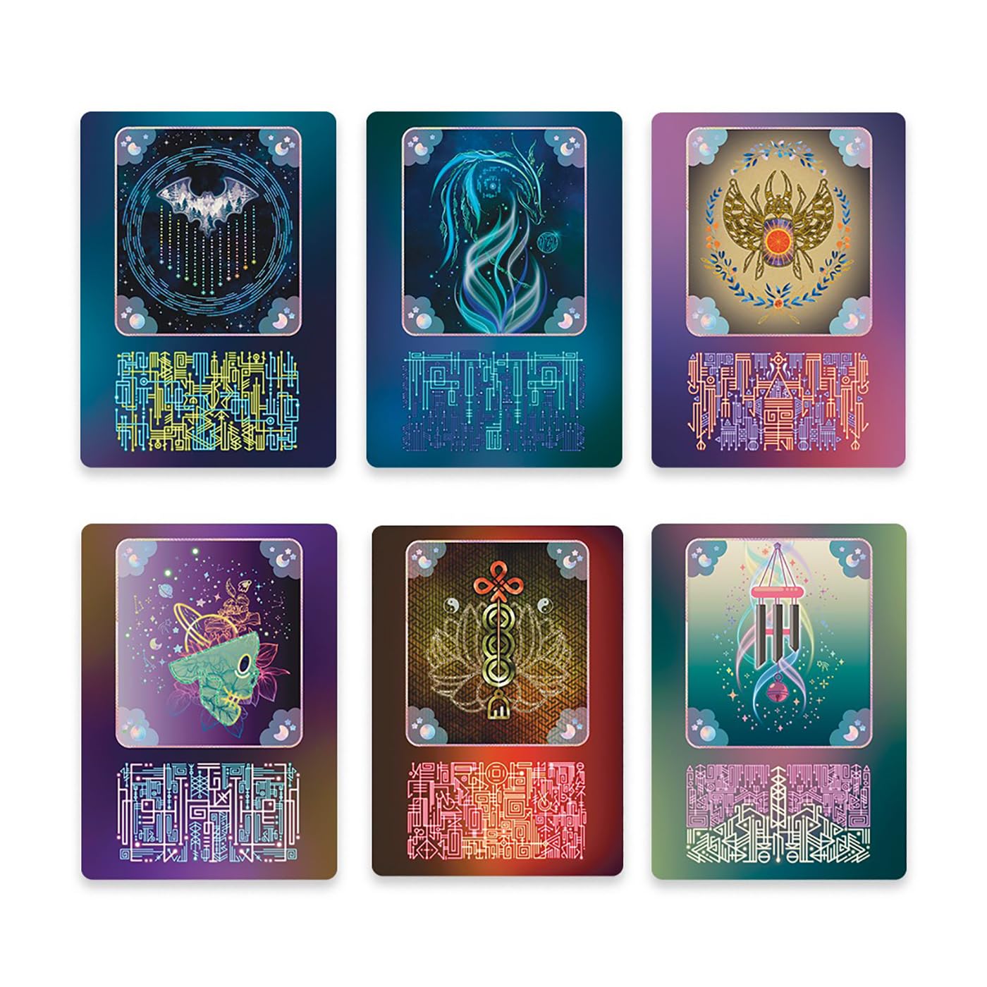 Set of six colorful tarot cards with intricate designs on a white background