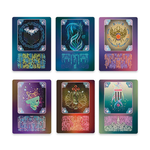 Set of six colorful tarot cards with intricate designs on a white background