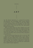 A square art print with a muted olive green background featuring a minimalist black text layout. The design includes the word 'DREAM' at the top, a vertical line, the word 'ART' in the center, and a block of descriptive text below.