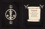 A black card or booklet spread featuring occult-style illustrations: a large circular symbol with crosses and a serpent on the left, and a parchment scroll labeled 'Prosperity' with a poem on the right.