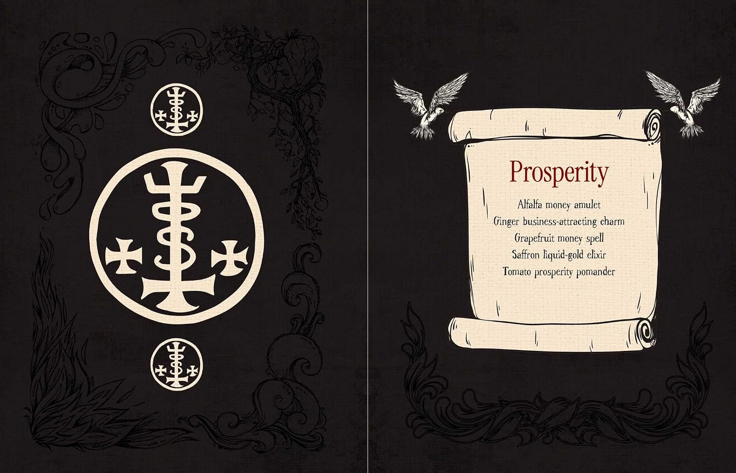 A black card or booklet spread featuring occult-style illustrations: a large circular symbol with crosses and a serpent on the left, and a parchment scroll labeled 'Prosperity' with a poem on the right.