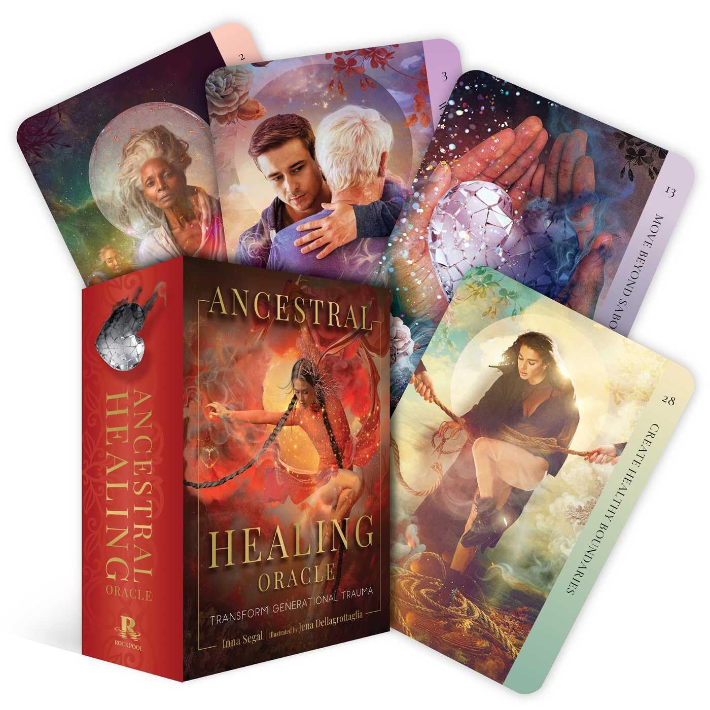 Ancestral Healing Oracle cards with colorful illustrations on a white background