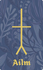 Navy blue notebook cover with gold cross and 'Ailm' text on a leafy background