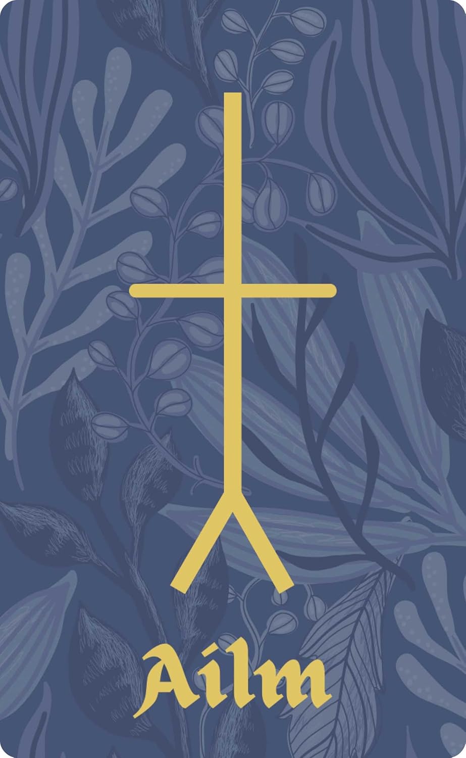 Navy blue notebook cover with gold cross and 'Ailm' text on a leafy background