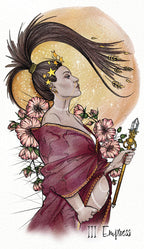 Illustration of a woman in a purple dress with flowers and a staff, set against a celestial background.