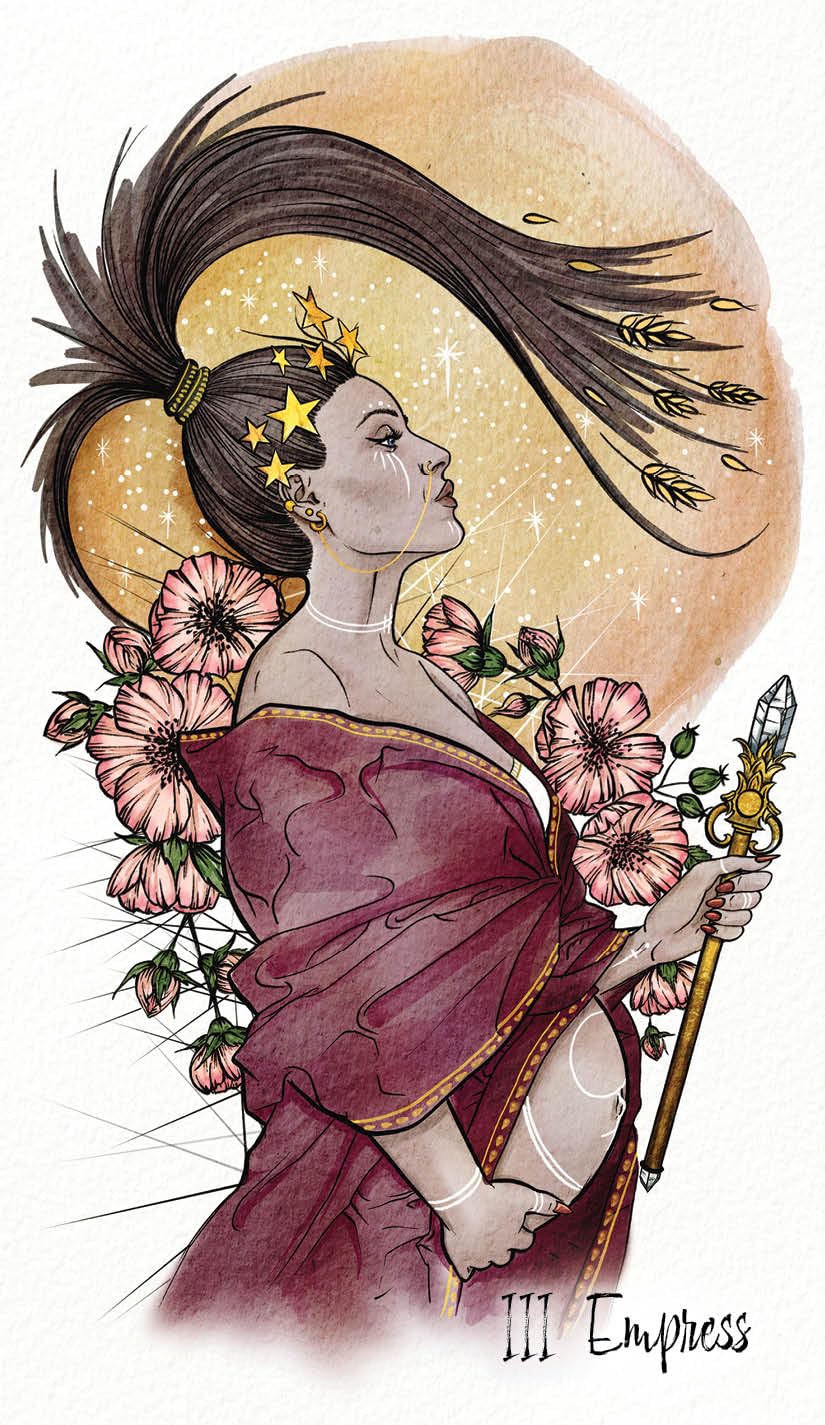 Illustration of a woman in a purple dress with flowers and a staff, set against a celestial background.