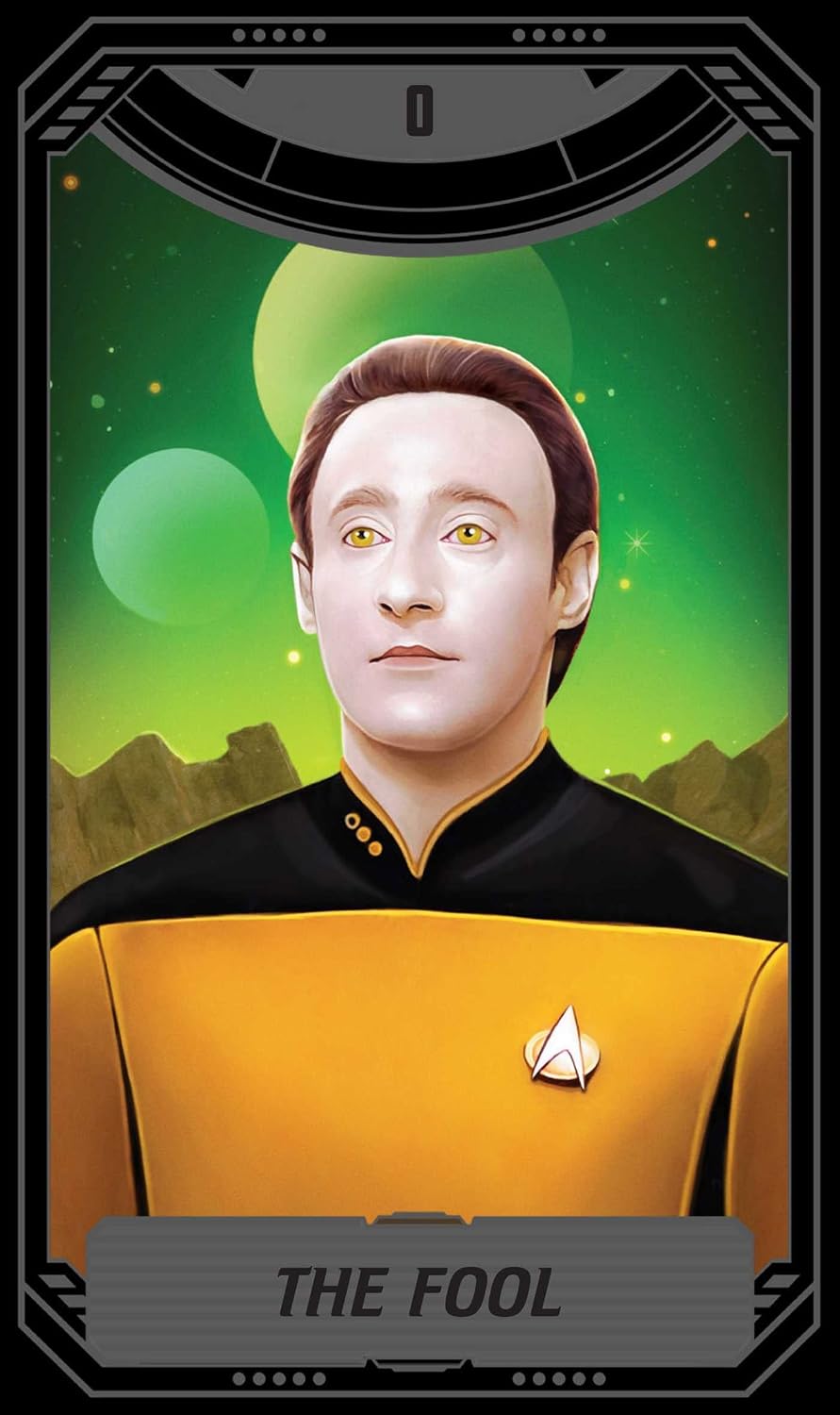 A stylized portrait card featuring a man in a Star Trek-style gold and black uniform against a green space background with planets. The card has a dark border and the text 'THE FOOL' at the bottom.