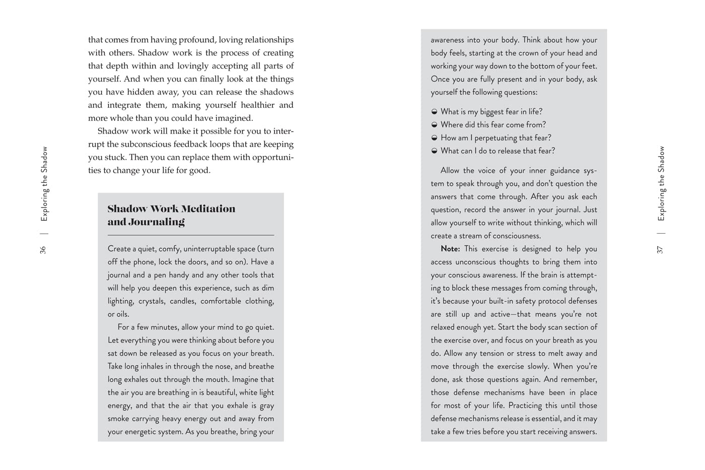 A printed page from a journal or workbook with two columns of text, titled 'Emotional Balance' and 'Shadow Work, Meditation, and Journaling,' plus a small illustration of a figure walking in the lower left.
