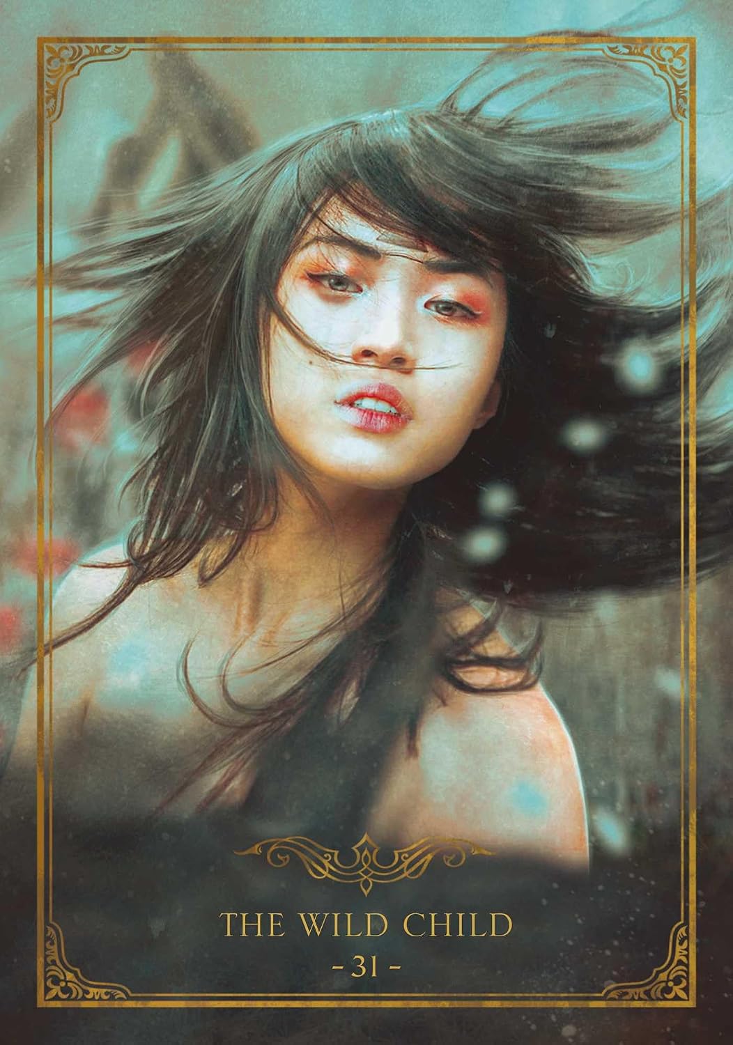 A tarot card style illustration titled 'THE WILD CHILD - 31 -' featuring a woman with flowing dark hair and a blurred face, framed by an ornate gold border on a muted teal and brown background.