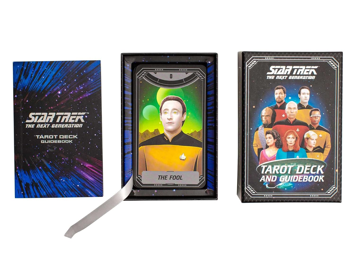 Star Trek tarot deck and guidebook set with a card featuring 'The Fool'.