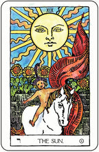 Tarot card titled 'The Sun' with a sun, horse, and child figure.