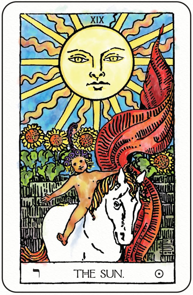 Tarot card titled 'The Sun' with a sun, horse, and child figure.