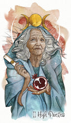 Illustration of an elderly woman holding a pomegranate with a moon phase symbol above her head, labeled 'High Priestess'.