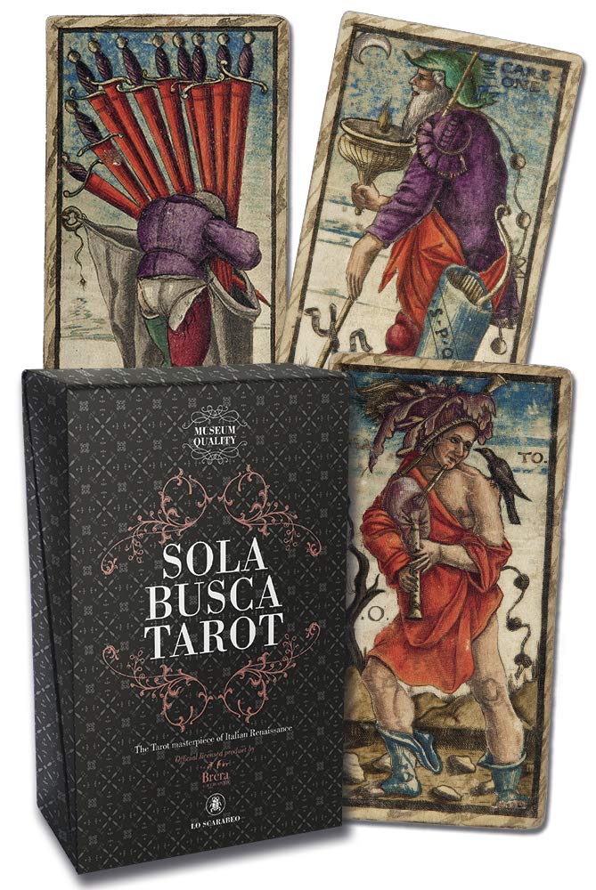 Sola Busca Tarot cards with a black box labeled 'Sola Busca Tarot' on a white background.