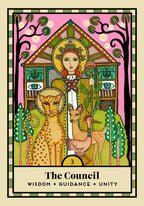A stylized tarot card illustration titled "The Council" with the subtitle "Wisdom + Guidance + Unity." The artwork shows a crowned woman standing before a house-like structure, with a spotted cat and a deer in the foreground, on a pink and green illustrated background.