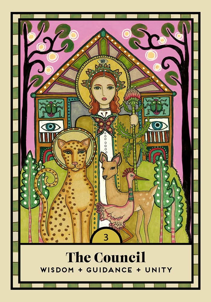 A stylized tarot card illustration titled "The Council" with the subtitle "Wisdom + Guidance + Unity." The artwork shows a crowned woman standing before a house-like structure, with a spotted cat and a deer in the foreground, on a pink and green illustrated background.