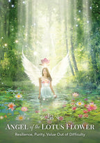 Woman with angel wings standing in a forest with lotus flowers, text 'Angel of the Lotus Flower' at the bottom.