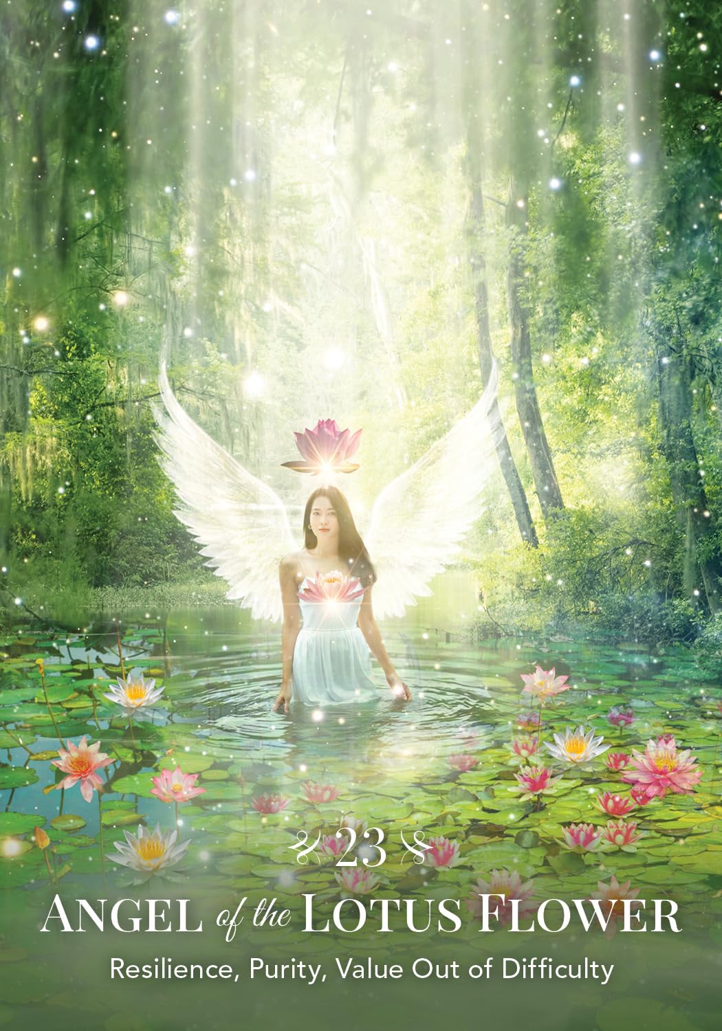 Woman with angel wings standing in a forest with lotus flowers, text 'Angel of the Lotus Flower' at the bottom.