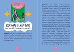 A blue educational card with text about self-care and cats, featuring a gray tabby cat illustration, pink and white speech bubbles, and small yellow and pink star graphics.