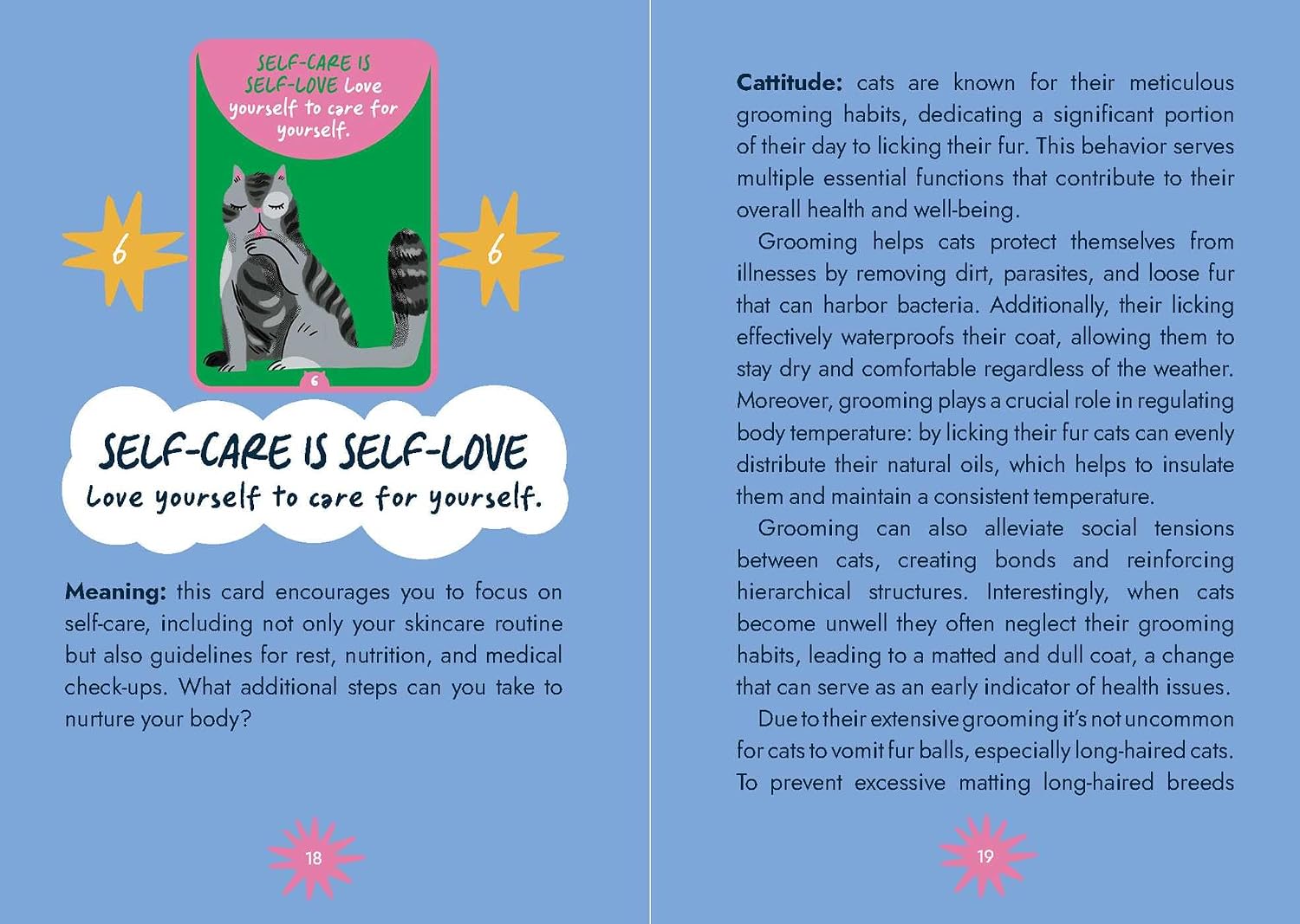 A blue educational card with text about self-care and cats, featuring a gray tabby cat illustration, pink and white speech bubbles, and small yellow and pink star graphics.