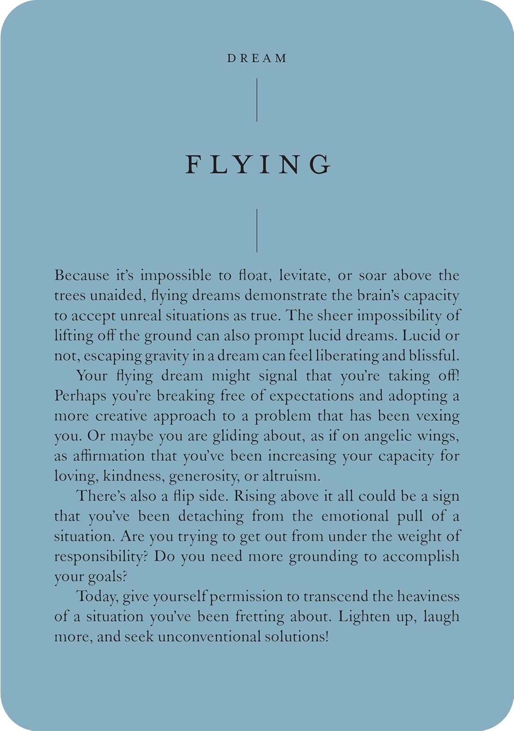 A text-based card or poster with a muted blue background and black text, headed 'DREAM' and 'FLYING,' followed by a paragraph of explanatory dream-interpretation text.