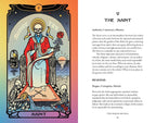 A page from The Major Arcana tarot deck showing 'V THE SAINT' with an illustrated card on the left and the corresponding text explanation on the right. The card depicts a skeletal saint in red robes with a gold halo, holding a rose, set against a dark background with the word 'SAINT' at the bottom.