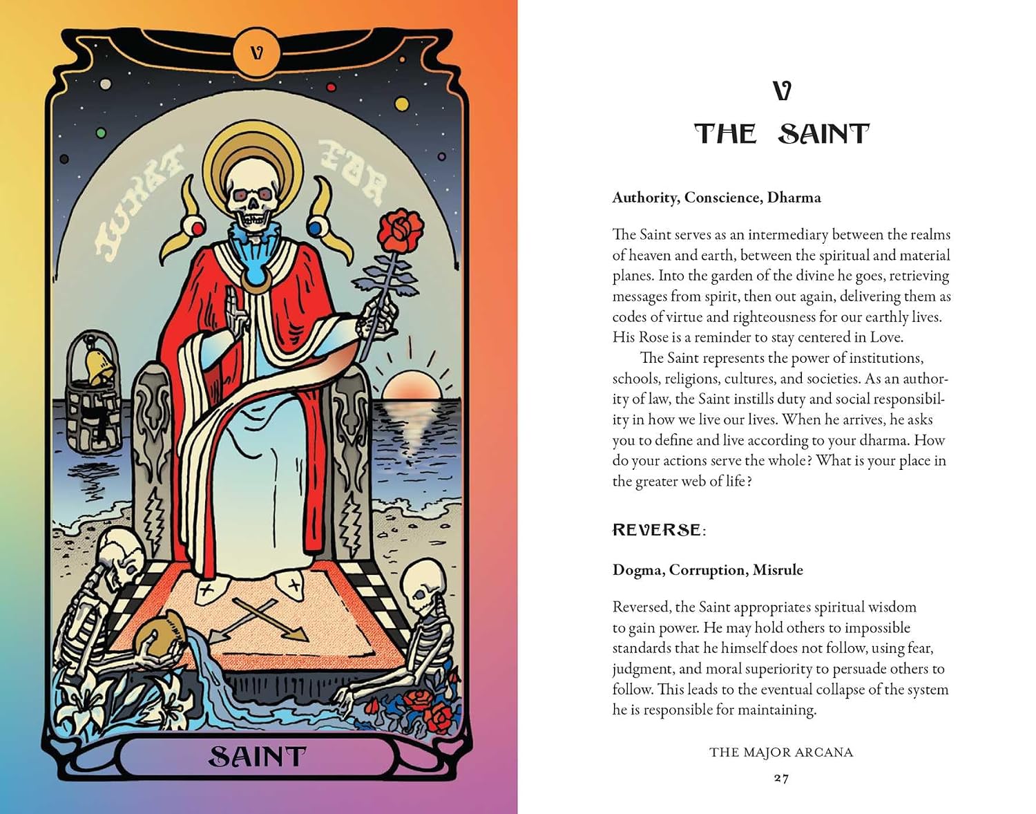 A page from The Major Arcana tarot deck showing 'V THE SAINT' with an illustrated card on the left and the corresponding text explanation on the right. The card depicts a skeletal saint in red robes with a gold halo, holding a rose, set against a dark background with the word 'SAINT' at the bottom.