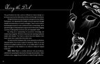 Black and white illustration of a face with a bird on a black background, accompanied by text.