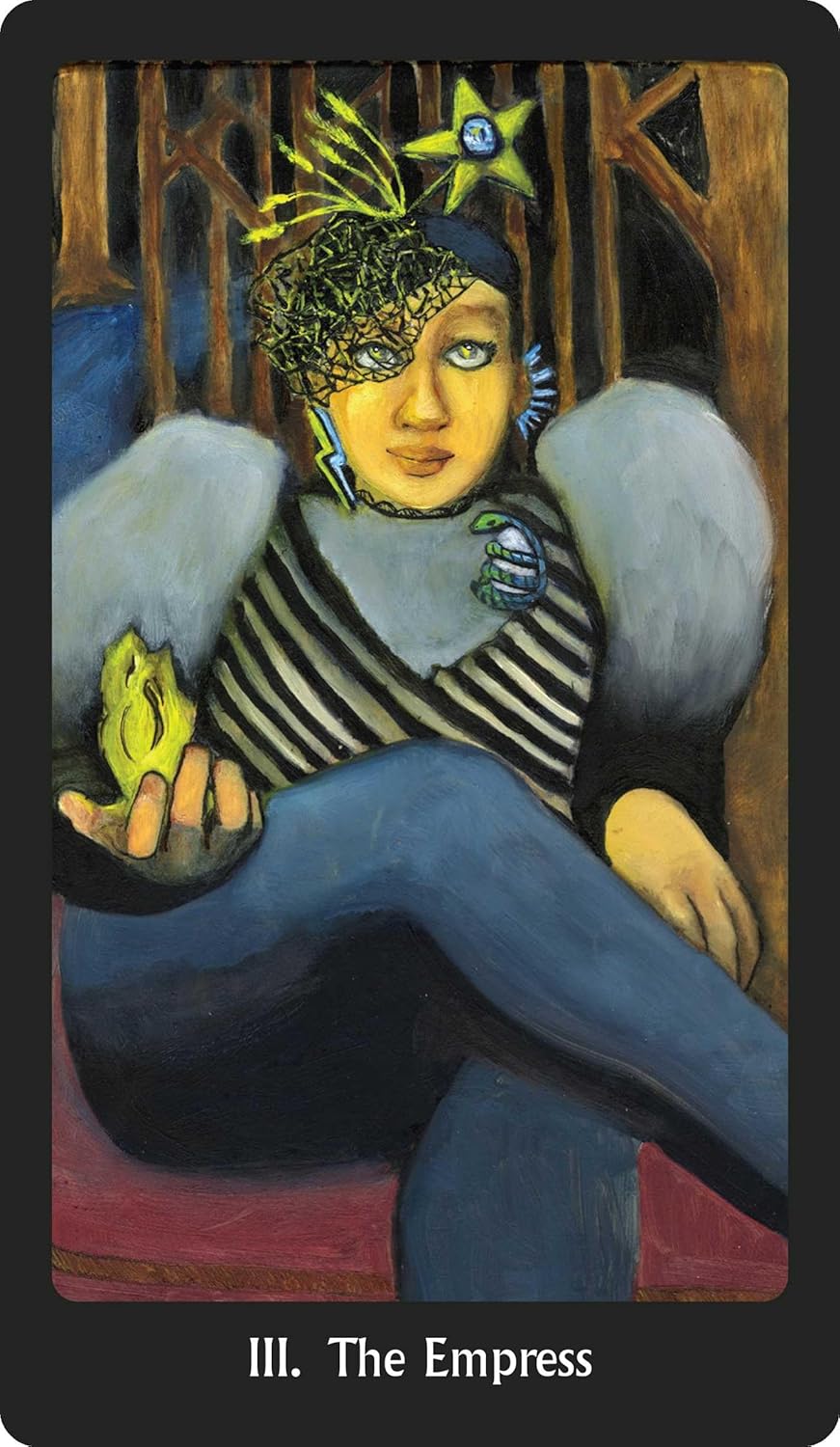 Card featuring 'The Empress' from a tarot deck with a person holding a bird and wearing an elaborate headpiece.