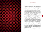 Text on a red and black patterned background