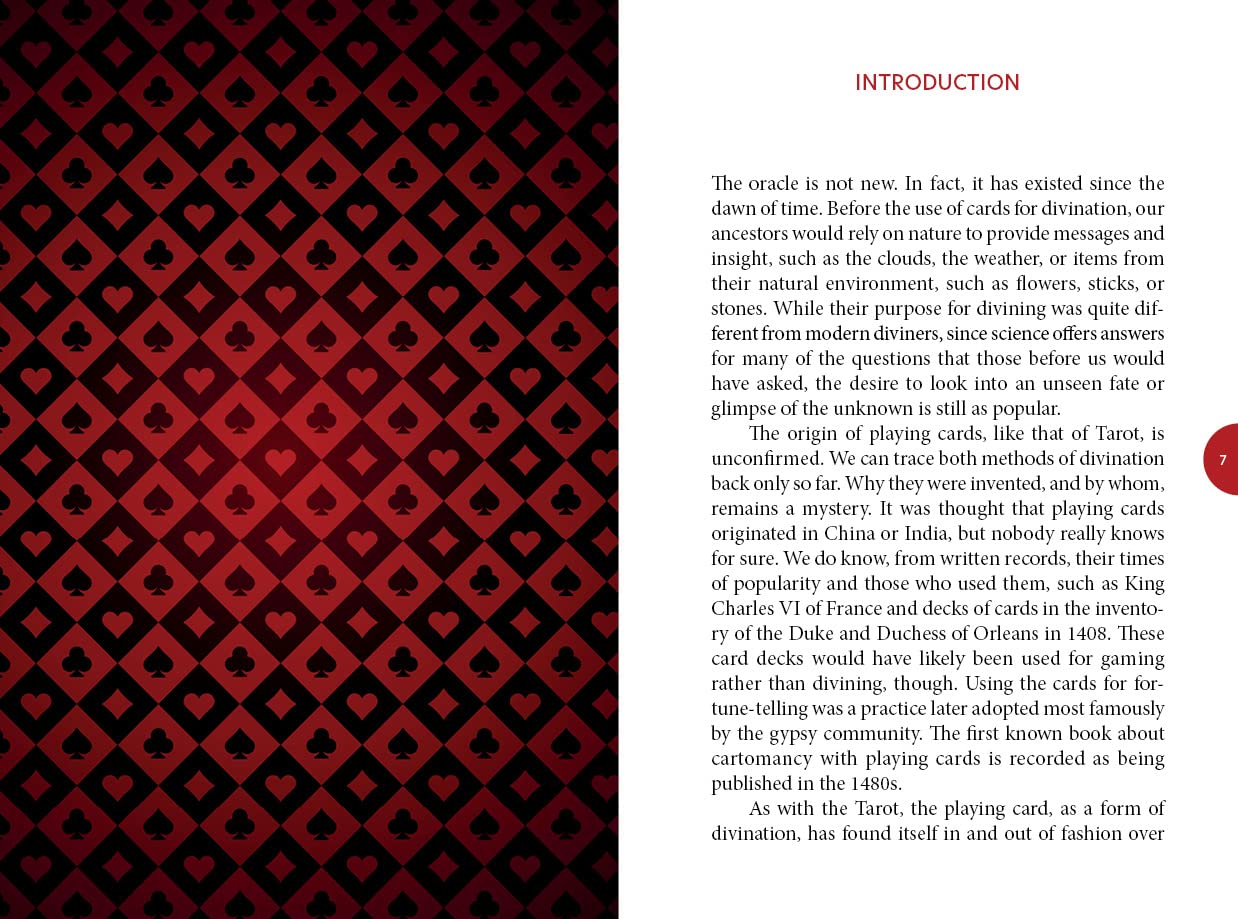 Text on a red and black patterned background