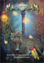 Fantasy scene with a deer and bird in a garden setting, featuring a banner with text.