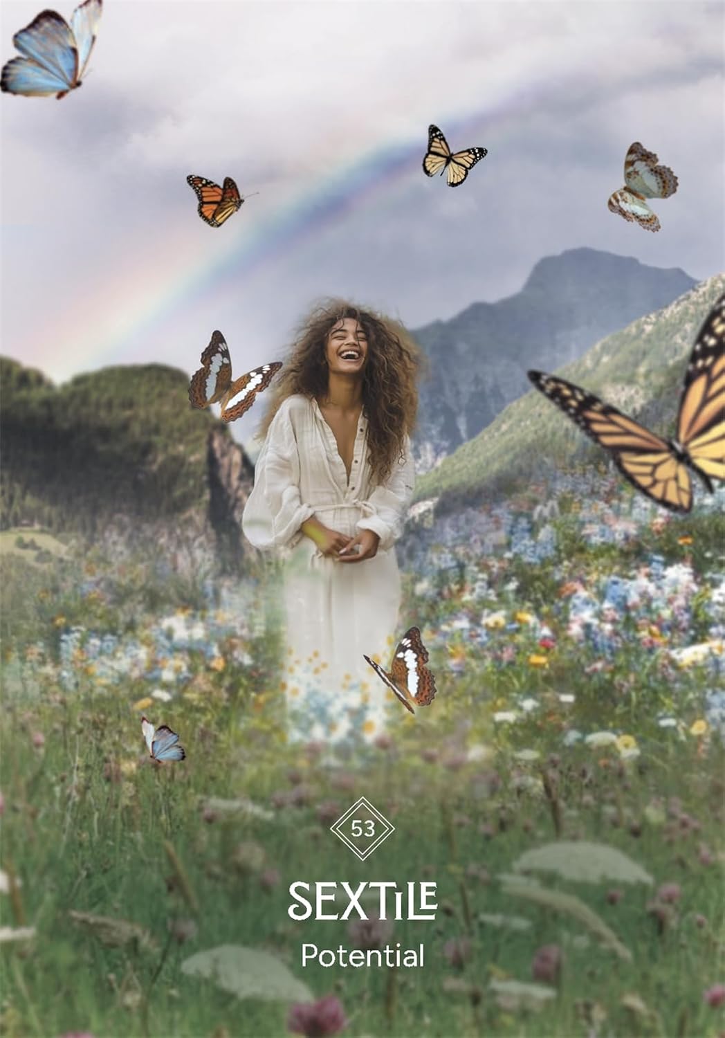Woman in a white dress standing in a field with butterflies and a rainbow, featuring the brand 'Sextile'.