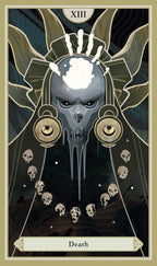 Death card from a tarot deck with a skull and ornate design.