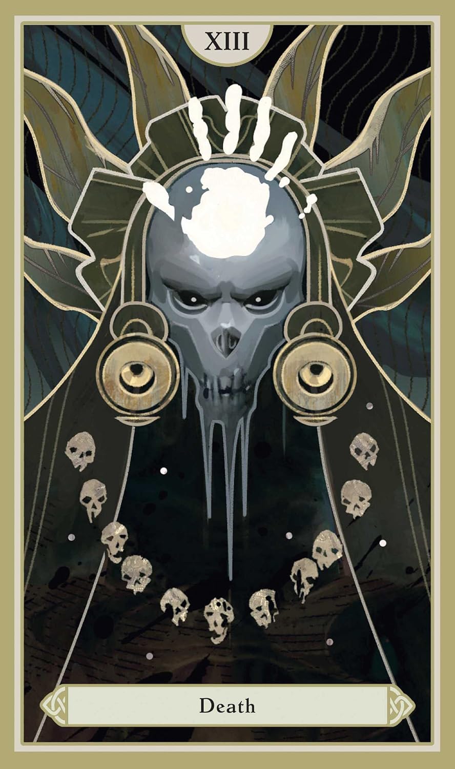 Death card from a tarot deck with a skull and ornate design.