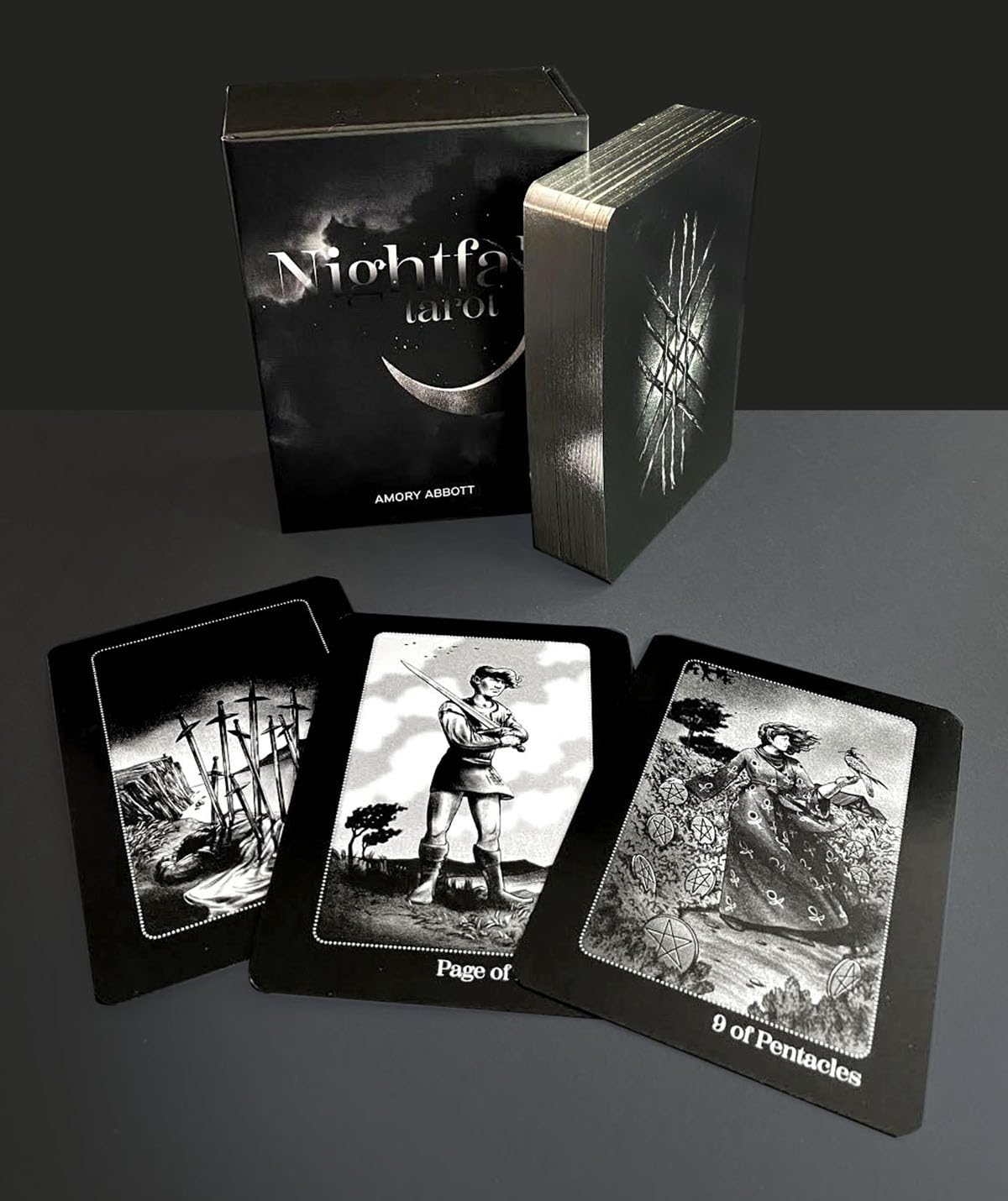 Nightfall tarot card set with cards displayed on a dark background