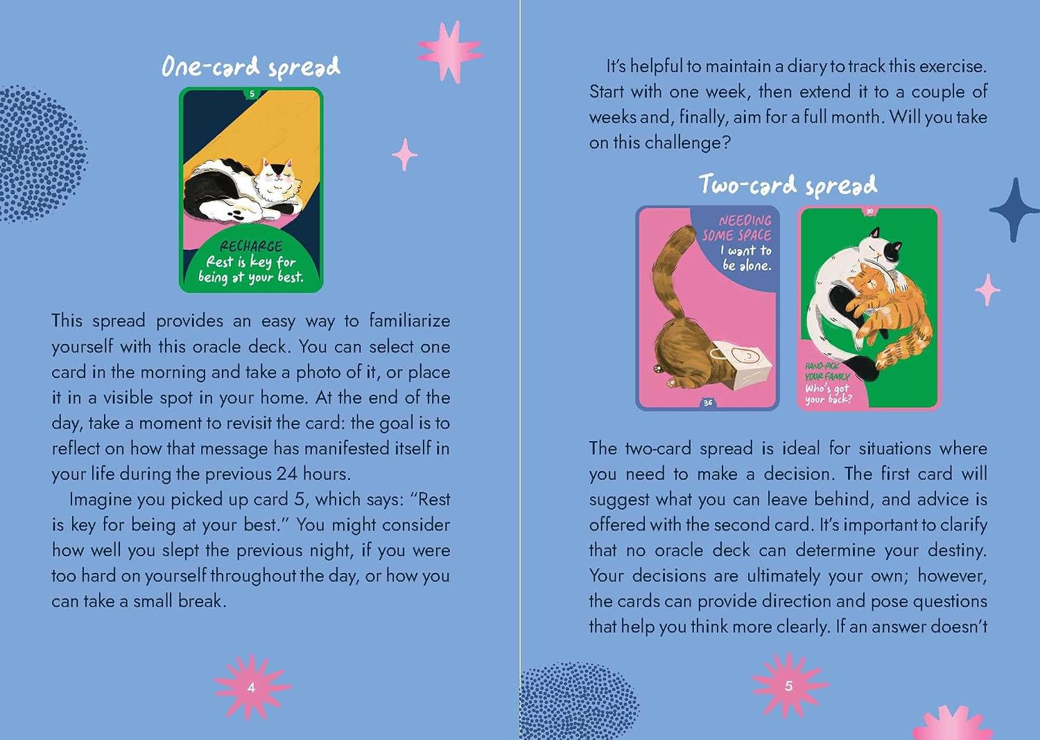 A two-page spread from a card deck booklet or guide, showing illustrated oracle cards and explanatory text on a blue patterned background. The pages feature a 'One-card spread' and 'Two-card spread' sections with example card art and short paragraphs of text.