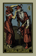 Vintage-style illustration of two figures with jester hats, labeled 'External Influence'.