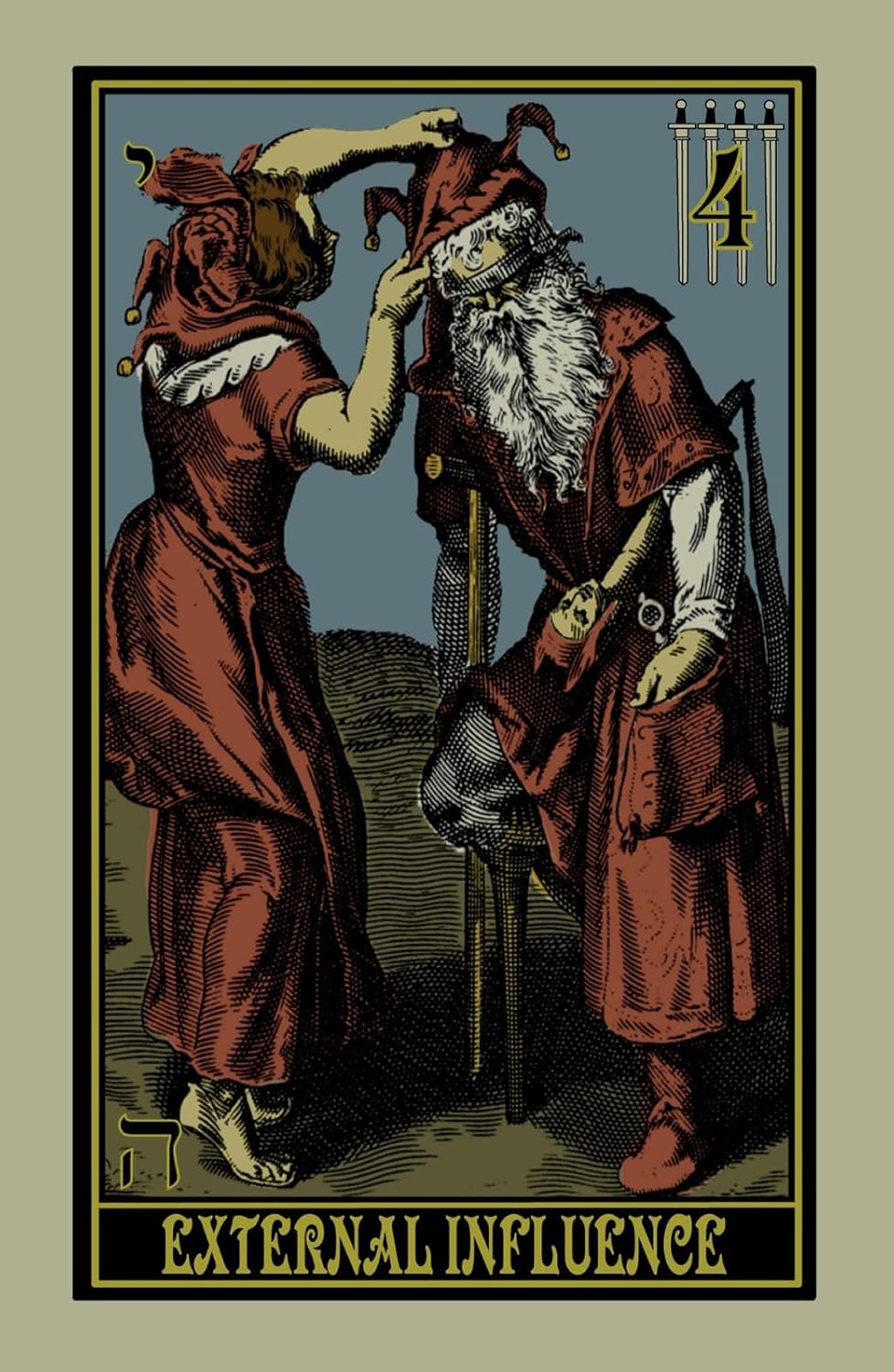 Vintage-style illustration of two figures with jester hats, labeled 'External Influence'.