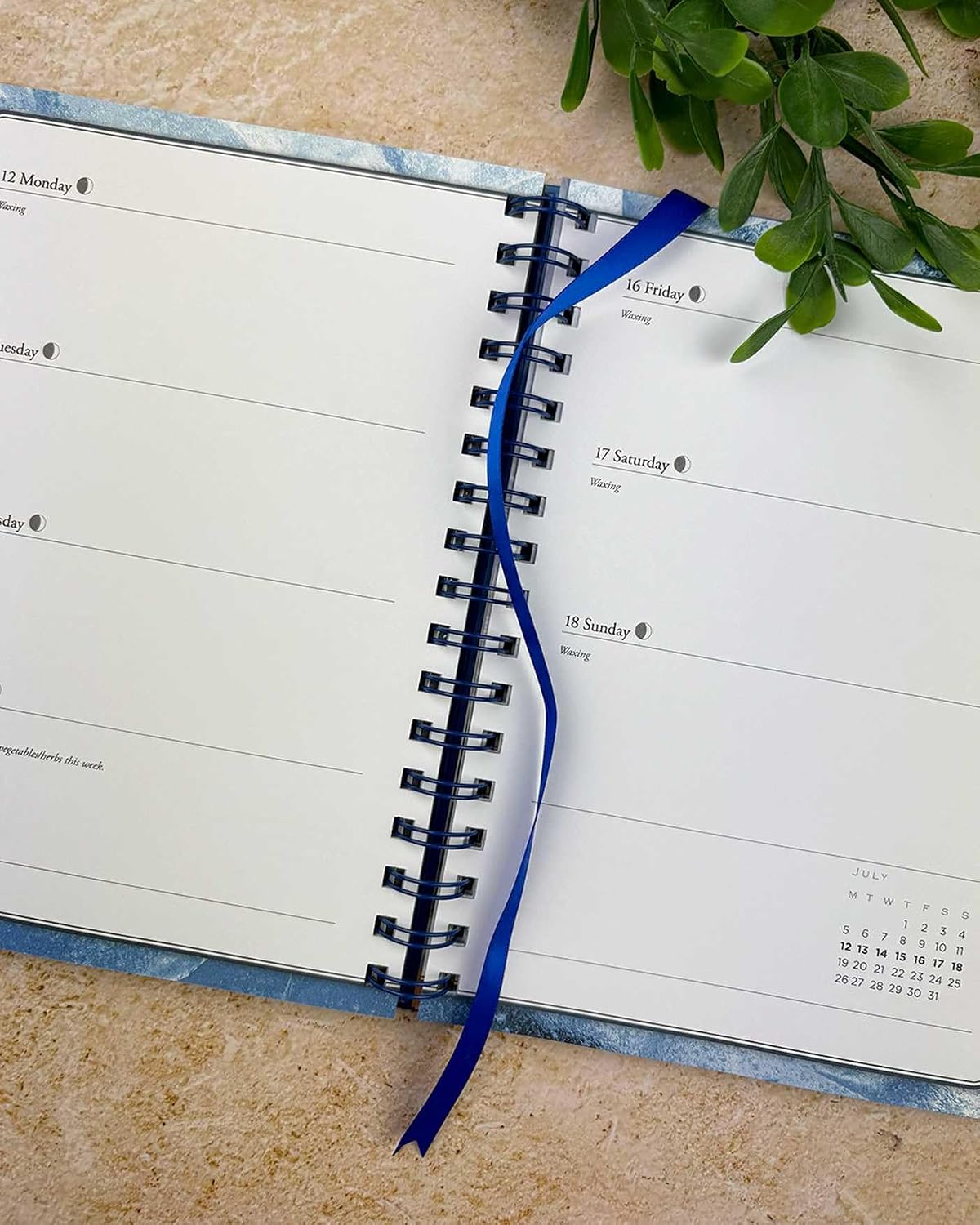 An open spiral-bound planner or agenda with white pages, a blue ribbon bookmark, and a blue patterned cover edge, photographed on a beige stone-like surface with green leaves at the top.
