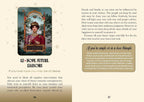 A printed page spread with two columns of text on a beige background, flanking a central tarot card illustration labeled '12 + HOPE. FUTURE HAISSONS.