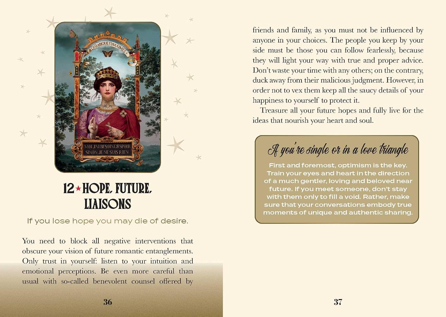 A printed page spread with two columns of text on a beige background, flanking a central tarot card illustration labeled '12 + HOPE. FUTURE HAISSONS.