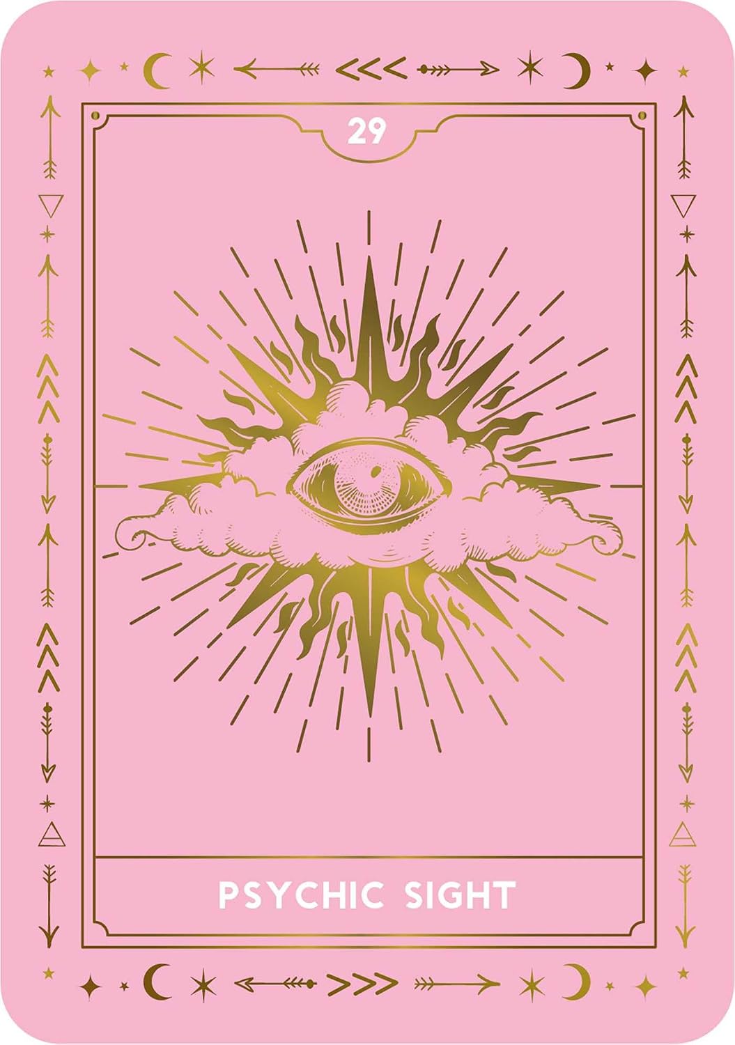 A pink tarot card titled 'PSYCHIC SIGHT' with a gold central eye radiating from a cloud, bordered by gold celestial and geometric symbols on a pink background.